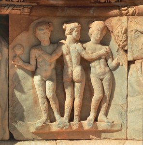 Libië, Historisch Tripolitanië, Oud Sabratha, Theater, Detail van reliëf