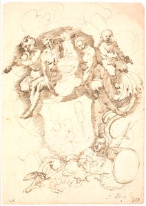 Heraldische compositie: wapenschild met drie omgekeerde violen, helm met hondenkroon, omgeven door twee figuren en twee vioolspelende putti, alles rustend op liggende manfiguur (Neptunus?)