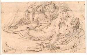 Slapende vrouw bespied door satyr met lantaarn in de hand