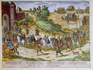 Intocht van Hertog Ferdinand Alvare van Toledo of Fernando Alvarez de Toledo y Pimentel (1508-1582), 3e Hertog van Alba de Tormes, in Brussel op 08/08/1567 met het Spaanse leger. 1653 Prent door Franz Hogenberg (1535-1590) Kabinet van Prenten, B.N., Parijs door Franz (after) Hogenberg