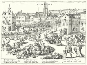 Plundering van Mechelen door de Spanjaarden door Franz (after) Hogenberg