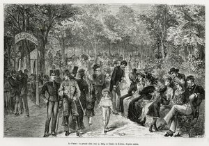 De Prater: de grote wandelweg. Gravure door Kollarz, ter illustratie van het verhaal Wenen en zijn voorsteden, door M. Newlinski, in 1881, gepubliceerd in Le tour du monde, onder leiding van Edouard Charton (1807-1890). door Franz (after) Kollarz