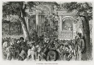 De Volks Prater: populair deel van de hoofdprater, met tal van attracties, circus, orkest en poppenshow. Gravure door Kollarz, ter illustratie van het verhaal Wenen en zijn buitenwijken, door M. Newlinski, in 1881, gepubliceerd in de Tour du monde, onder l door Franz (after) Kollarz