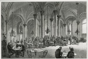 Het centrale café in Wenen (Oostenrijk). Gravure door Kollarz, ter illustratie van het verhaal Wenen en zijn voorsteden, door M. Newlinski, 1881, gepubliceerd in 