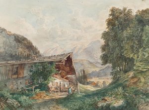 Alpenlandschap met boerderij en vrouw bij de fontein