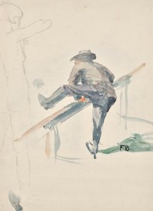 Man die over een reling klimt en omtrekken van een meisjesnaakt