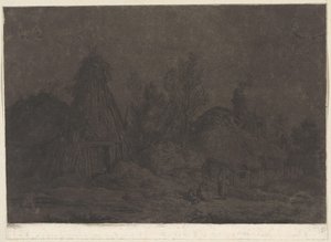 Maanlichtscène met figuren voor een hut