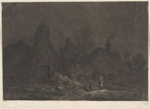 Maanlichtscène met figuren voor een hut