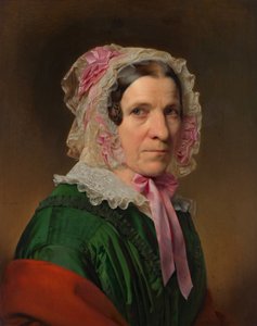 Portret van een oudere dame met kanten kap en roze linten door Franz Eybl