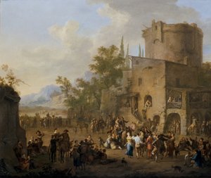 Een Italiaans stadsgezicht met figuren die de Saltarello dansen door Franz Ferg