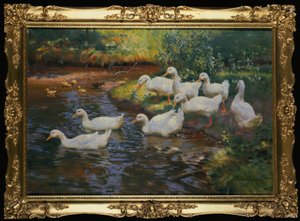 Eendenfamilie (Eenden met kuikens aan de oever)