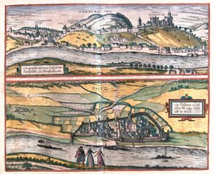 Nauwkeurig overzicht van de stad Saarburg en de stad Pfaltz an der Mosel, Duitsland (gravure)