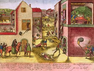 Dood van admiraal Gaspard II de Coligny (1519-72) tijdens het Bloedbad van Sint-Bartholomeus in 1572 door Franz Hogenberg