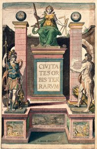 Frontispice van het eerste volume: allegorie van geografie, een vrouw met passer, vierkant en liniaal, boven een vrouwelijke soldaat en een naakte man door Franz Hogenberg
