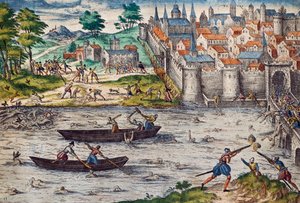 Bloedbaden van Tours, juli 1562 tijdens de Godsdienstoorlogen tegen de Hugenoten, gravure door Franz Hogenberg, Frankrijk