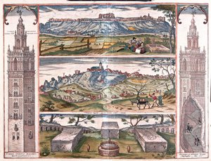 De Giralda van Sevilla, Spanje - 5 uitzichten: San Juan aan de Guadalquivir, Gerena, 3 Romeinse graven en torens aan de zijkant, een doorsnede toont George Hufnagel te paard (gravure) door Franz Hogenberg