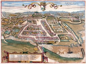De haven van Kolding op het schiereiland Jutland, Denemarken (gravure) door Franz Hogenberg