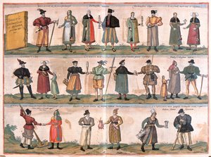 Verschillende kostuums uit Dithmarschen en omgeving, Duitsland (gravure)