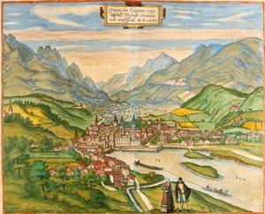 Zicht op Innsbruck (Oenipons of Enipontus), Oostenrijk (ets)