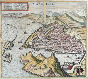 Zicht op Marseille in de 16e eeuw, met het ziekenhuis voor lepralijders linksonder, uit 