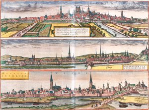 Uitzicht op Münster (Monasterium), Osnabrück (Osnabrugum) en Wesel (Weselia), Duitsland