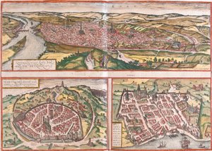 Zicht op Rouen (Rotomagus), Nimes (Nemausus) en Bordeaux (Burdigala), Frankrijk door Franz Hogenberg