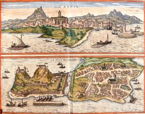 Uitzichten op Candia (Candia), het huidige Heraklion op het eiland Kreta en Corfu of Corcyra (Corphu), Grieks eiland door Franz Hogenberg