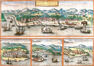 Gezichten van Kozhikode of Calicut (India), Ormuz (Iran), Cannanore of Kannur (India) en St. George van de mijn (Ghana) door Franz Hogenberg