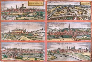 Gezichten van München (Monacum) Ingolstadt (Ingolstadium), Freising (Frisingensis), Nordlingen (Nordlinga), Regensburg (Ratispona) en Straubing (Stravbinga), Duitsland
