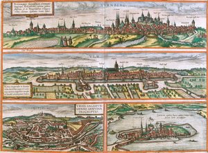 Gezichten van Neurenberg (Nurnberga), Ulm (Ulma), Lindau (Lindola), Duitsland en Salzburg (Salisburgensis) in Oostenrijk