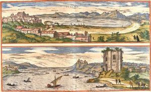 Uitzichten op Pozzoli (Puteoli) en Baiae (het huidige Baia), Italië, met de oude resten van de thermale baden van de Golf van Napels en een fort door Franz Hogenberg