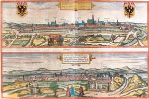 Gezichten van Wenen, Oostenrijk en Boedapest, Hongarije (ets) door Franz Hogenberg