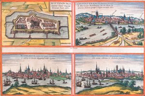 Zichten van Wittenburg (Wittenburga), Frankfurt (Francfordiensis), Wismar (Wismaria) en Rostock (Rostochium), Duitsland