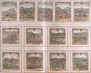 Zichten op de belangrijkste steden van de Zwitserse Confederatie: Schwytz (Svicia), Zug (Tugium), Glaris (Glarona), Bale (Basilea), Zurich (Tugurum), Bern (Ursina), Lucerne (Lucerna), Uri (Ursella), Fribourg (Frigurgum), Solothurn (Soloturensis), Schaffhau door Franz Hogenberg