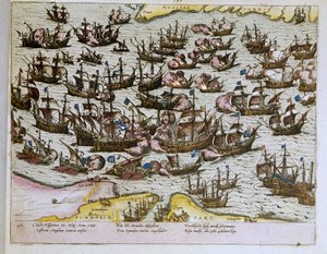 De nederlaag van de onoverwinnelijke Spaanse Armada door de Engelse kusten op 08/08/1588, illustratie uit 1653 (gravure) door Franz Hogenberg