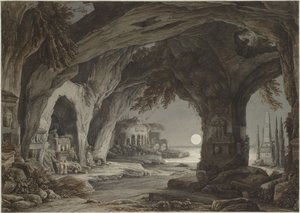 Ideaal landschap met rotsgrot, graven en ruïnes in het maanlicht, ca. 1790 door Franz Innocenz Josef Kobell