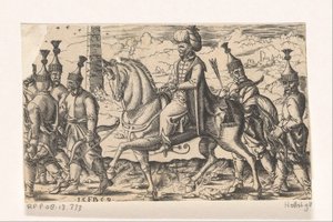 Sultan te paard vergezeld door soldaten