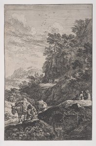 Boer die de hoef van zijn muilezel controleert bij een stroom, ca. 1700-25