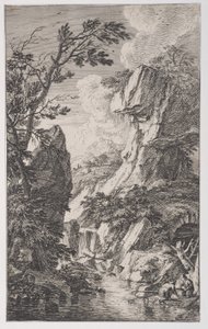 Plaat 4: twee vissers aan de oever van een stroom rechts, een waterval in het midden, ca. 1700-25