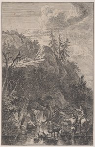 Plaat 5: vrouwelijke figuur te paard en een mannelijke figuur met een hond die in een straat staat, ca. 1700-1725