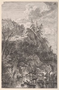 Blad 5: vrouwelijke figuur te paard en een mannelijke figuur met een hond die in een straat staat door Franz Joachim Beich
