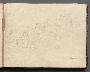 Album met gezichten op Rome en omgeving, landschapsstudies, pagina 02a: "Olevano". door Franz Johann Heinrich Nadorp