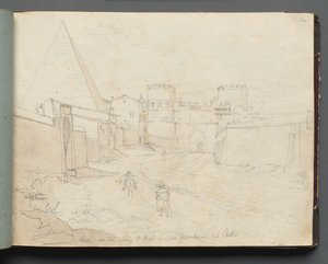 Album met uitzichten van Rome en omgeving, landschapsstudies, pagina 06a: "Rome von der Porta St. Paolo" door Franz Johann Heinrich Nadorp