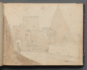 Album met uitzichten van Rome en omgeving, landschapsstudies, pagina 08a: Porta St. Paolo door Franz Johann Heinrich Nadorp