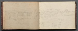Album met Zichten op Rome en Omgeving, Landschapsstudies, pagina 08b en 09a: Panoramisch Zicht op Rome door Franz Johann Heinrich Nadorp