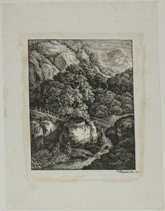 Bosrijk Berglandschap met een Kleine Waterval en Pad door Franz Joseph Leopold