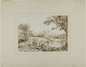 Landschap met Rivier, Verre Heuvels en Vissende Figuren op de Voorgrond door Franz Kobell