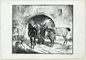 Drie paarden bij de poort door Franz Krüger