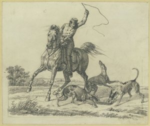 Ruiter en vier honden die een haas verscheuren door Franz Krüger