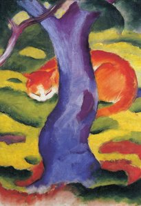 Kat achter boom, 50x70 cm